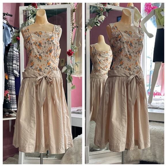 Vintage 50s Floral Print Embroidered Fit & Flare Cotton Day Dress Party Summer S - Picture 1 of 10